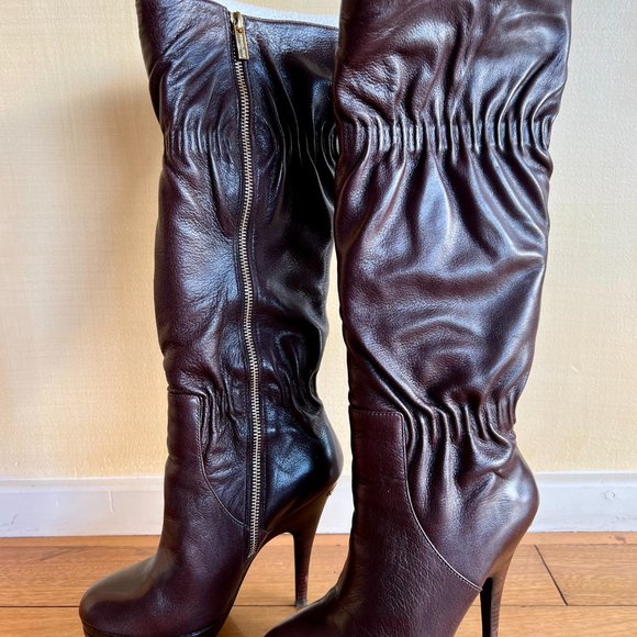 NWT MICHAEL KORS 'Webster' Coffee Scrunch Women's Nappa Leather Knee High Boots - Picture 3 of 10